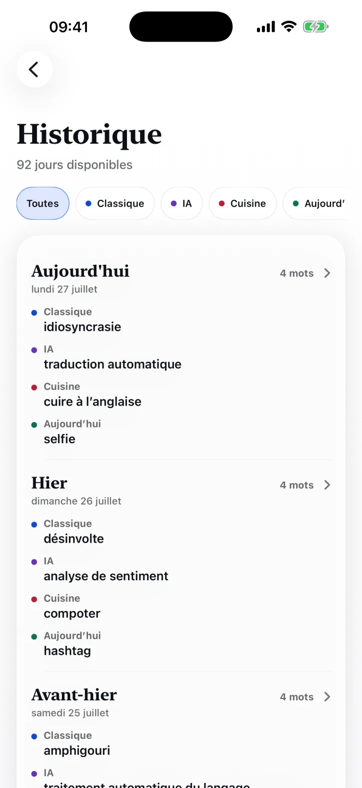 L’historique Capte réunit les mots du même jour et permet de les filtrer par thématique.