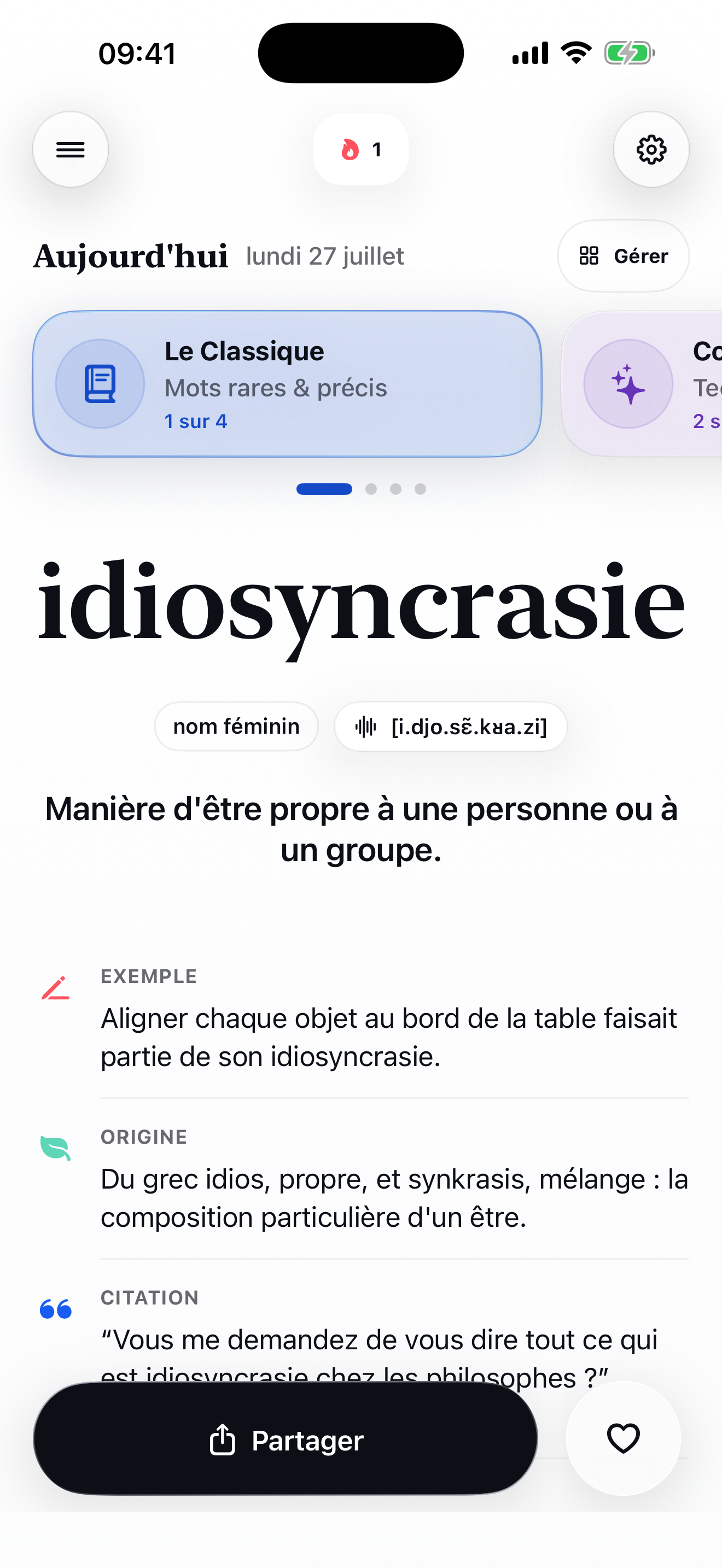 Capte affiche le mot idiosyncrasie et permet de passer du français classique à l’IA, la cuisine et aux mots d’aujourd’hui.