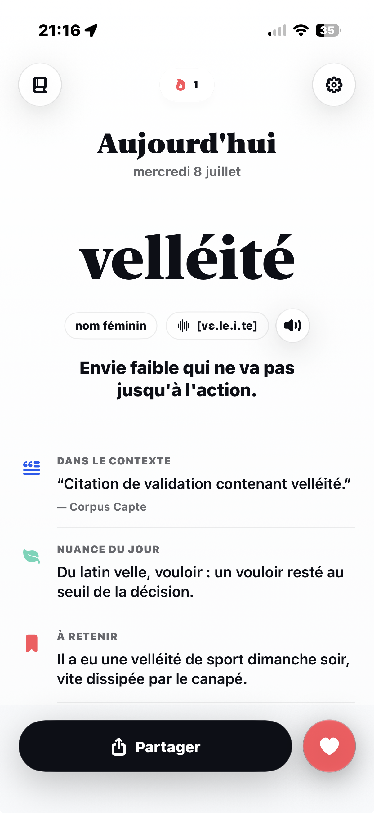 L'app Capte affiche le mot velléité avec sa définition, sa citation et sa nuance.